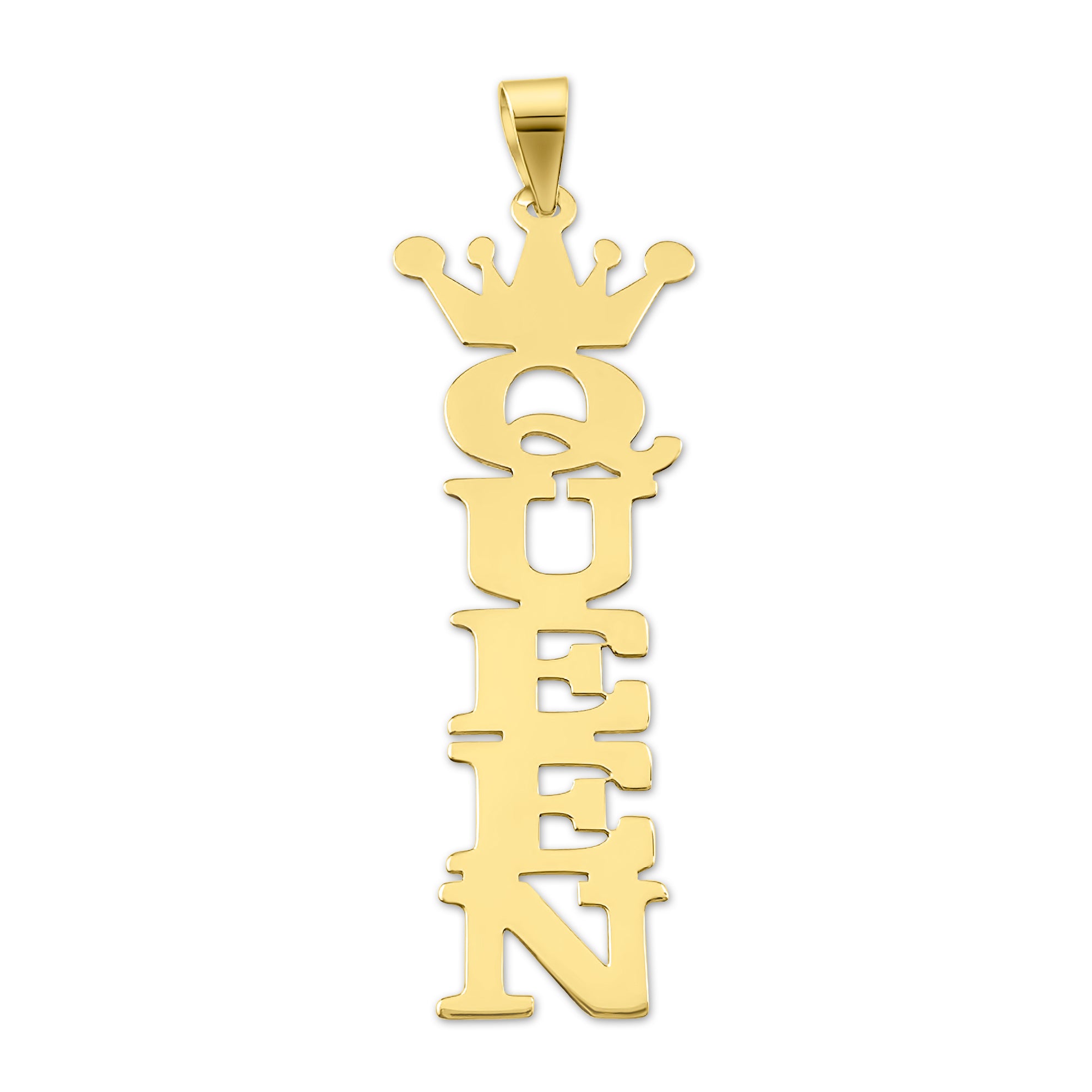 10k solid gold personalized vertical queen crown nameplate pendant featuring custom bold block letters.