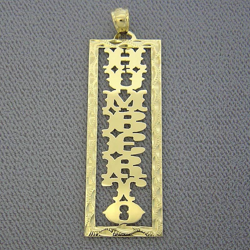 Custom 10k or 14k solid gold vertical rectangular name pendant featuring precision diamond-cut borders and personalized block lettering.