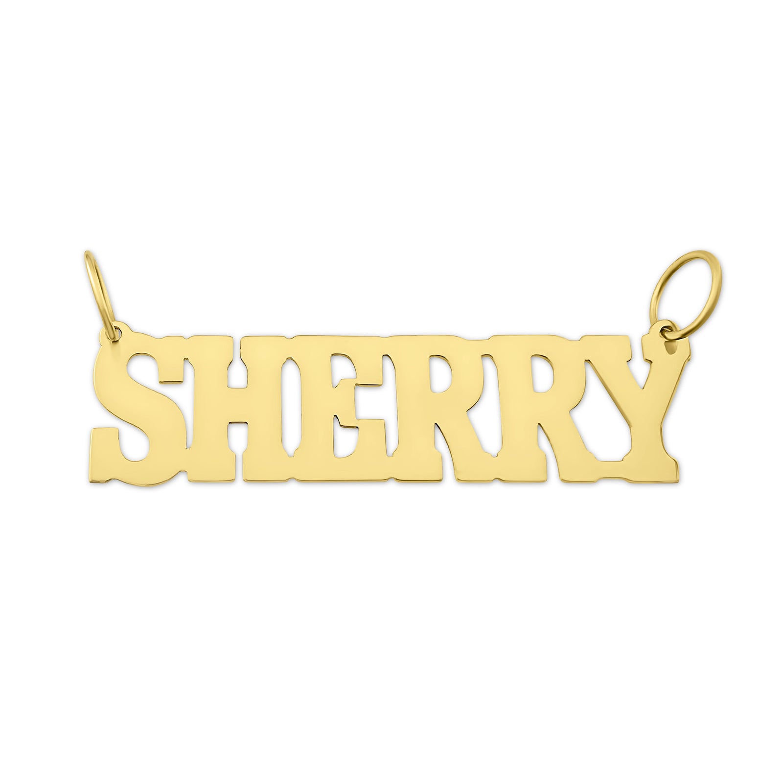 Solid 10k or 14k yellow gold personalized block font nameplate pendant spelling 'SHERRY'