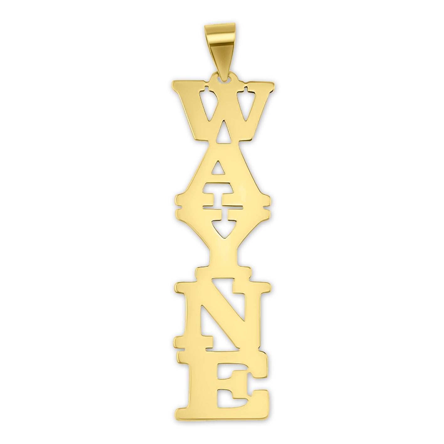 10k or 14k yellow gold custom vertical block nameplate pendant spelling WAYNE on a white background.