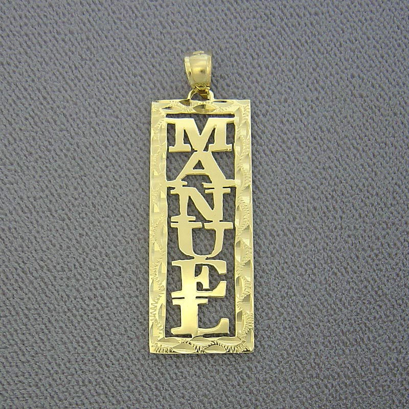 Custom 10k or 14k solid gold vertical rectangular name pendant featuring block letters spelling Manuel framed by diamond-cut edges.