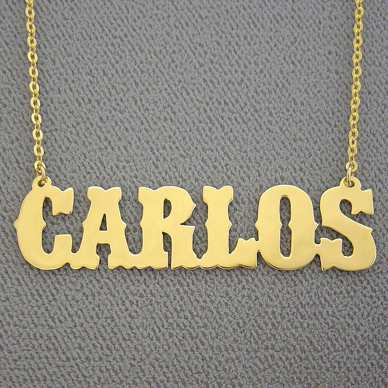 Personalized 10k or 14k solid gold Western nameplate necklace featuring the name "CARLOS" cut in a classic Western font.