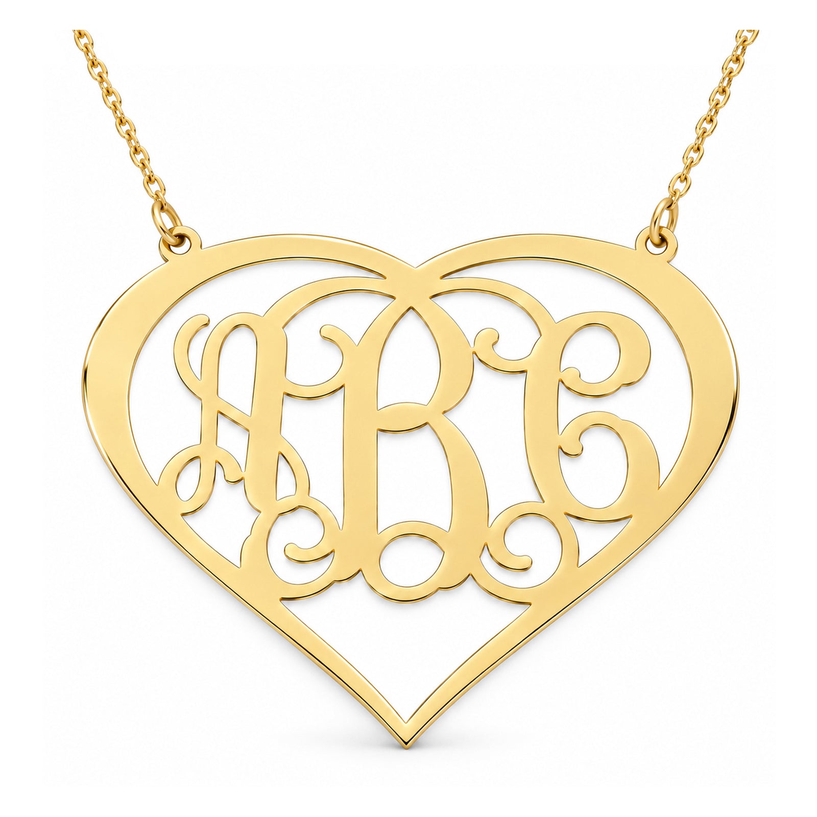 Custom 10k or 14k solid gold three-initial heart monogram necklace in yellow gold on a white background.