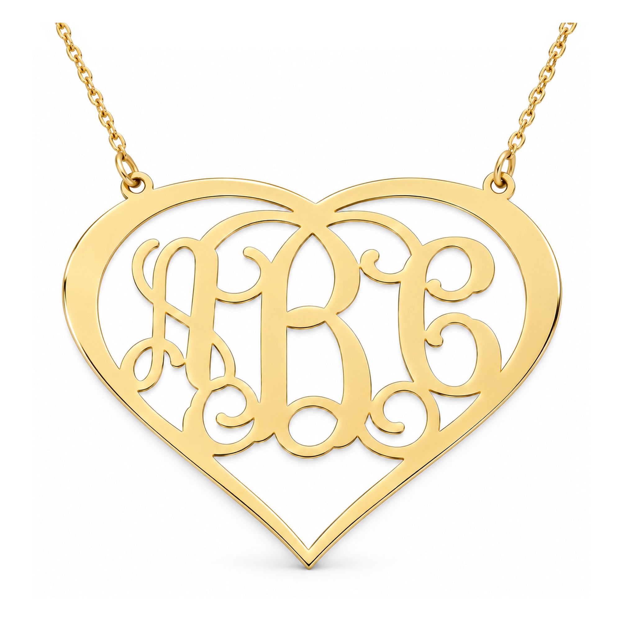 Custom 10k or 14k solid gold three-initial heart monogram necklace in yellow gold on a white background.