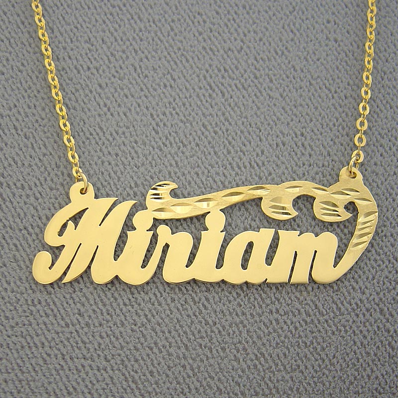 Solid 10k or 14k gold custom cursive name necklace featuring diamond-cut finish and split chain