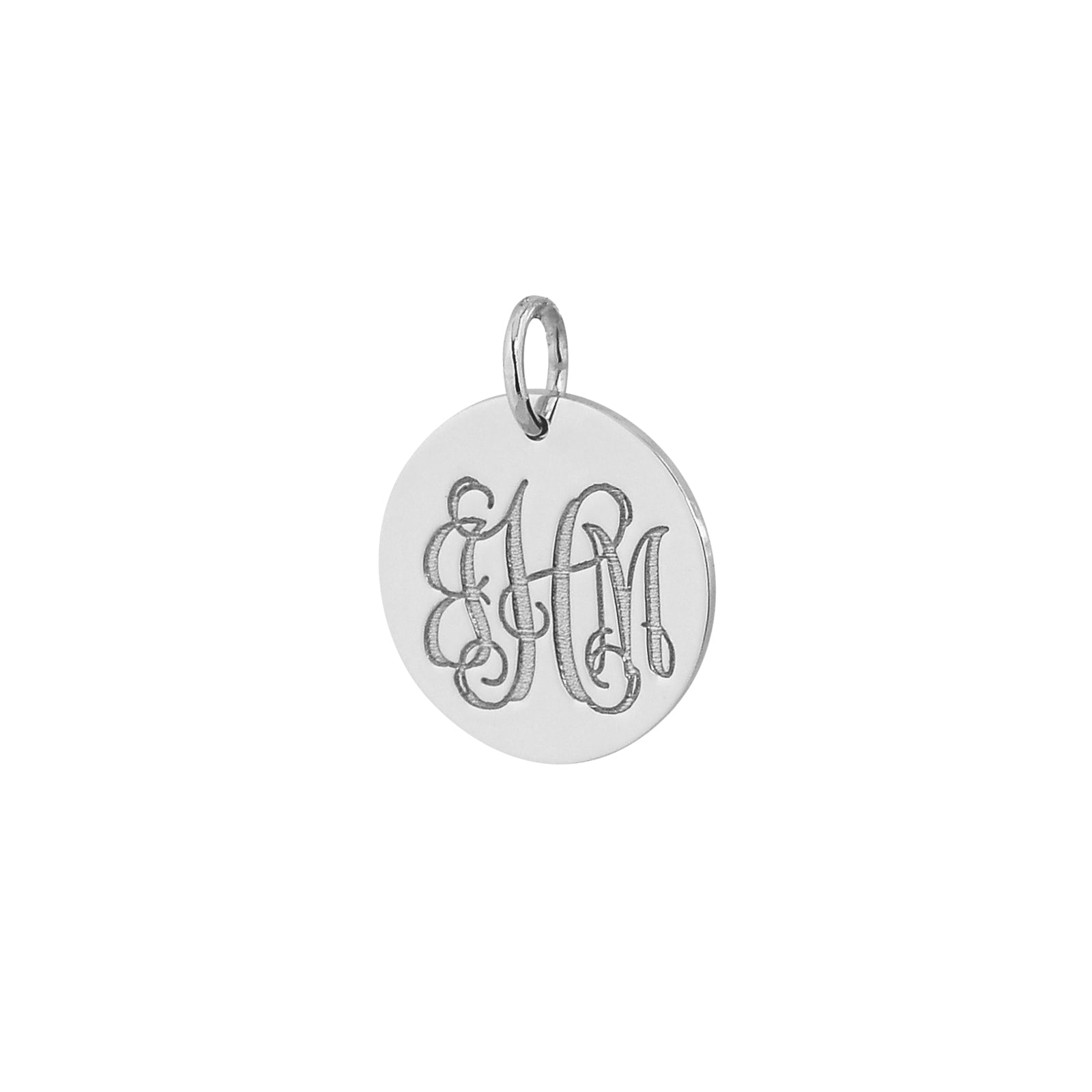 White gold 3-initial monogram circle disc pendant engraved charm
