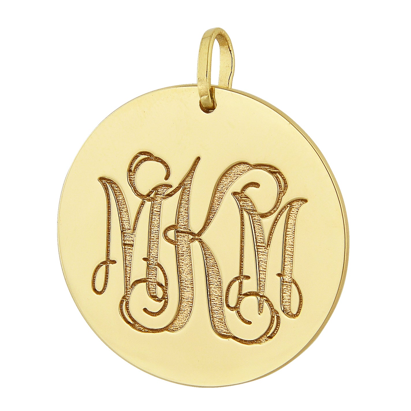 10K or 14K solid yellow gold 1-inch laser engraved 3-initial monogram disc pendant necklace