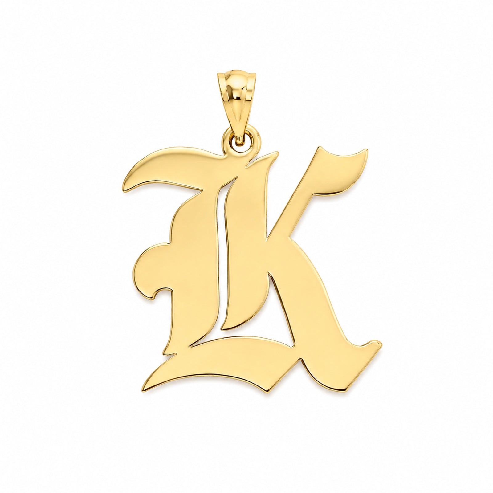 Solid 10k yellow gold Old English initial K pendant charm with a high-polish finish.