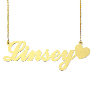 Personalized 10k yellow gold name necklace spelling Linsey in custom script font with a heart accent.
