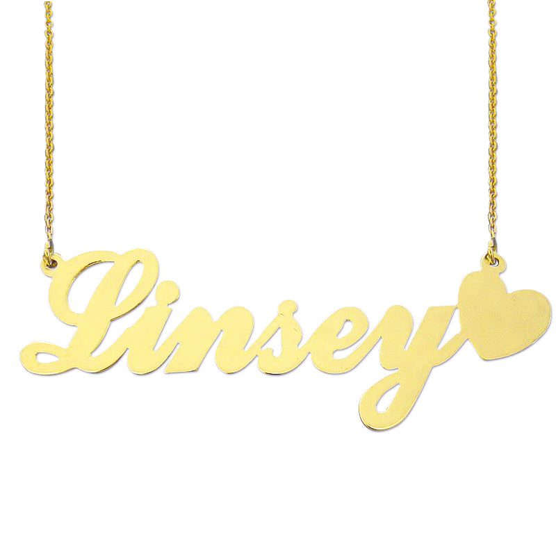 Personalized 10k yellow gold name necklace spelling Linsey in custom script font with a heart accent.