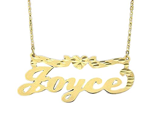 Personalized 10k white gold script nameplate necklace displayed on a chain with heart accent.
