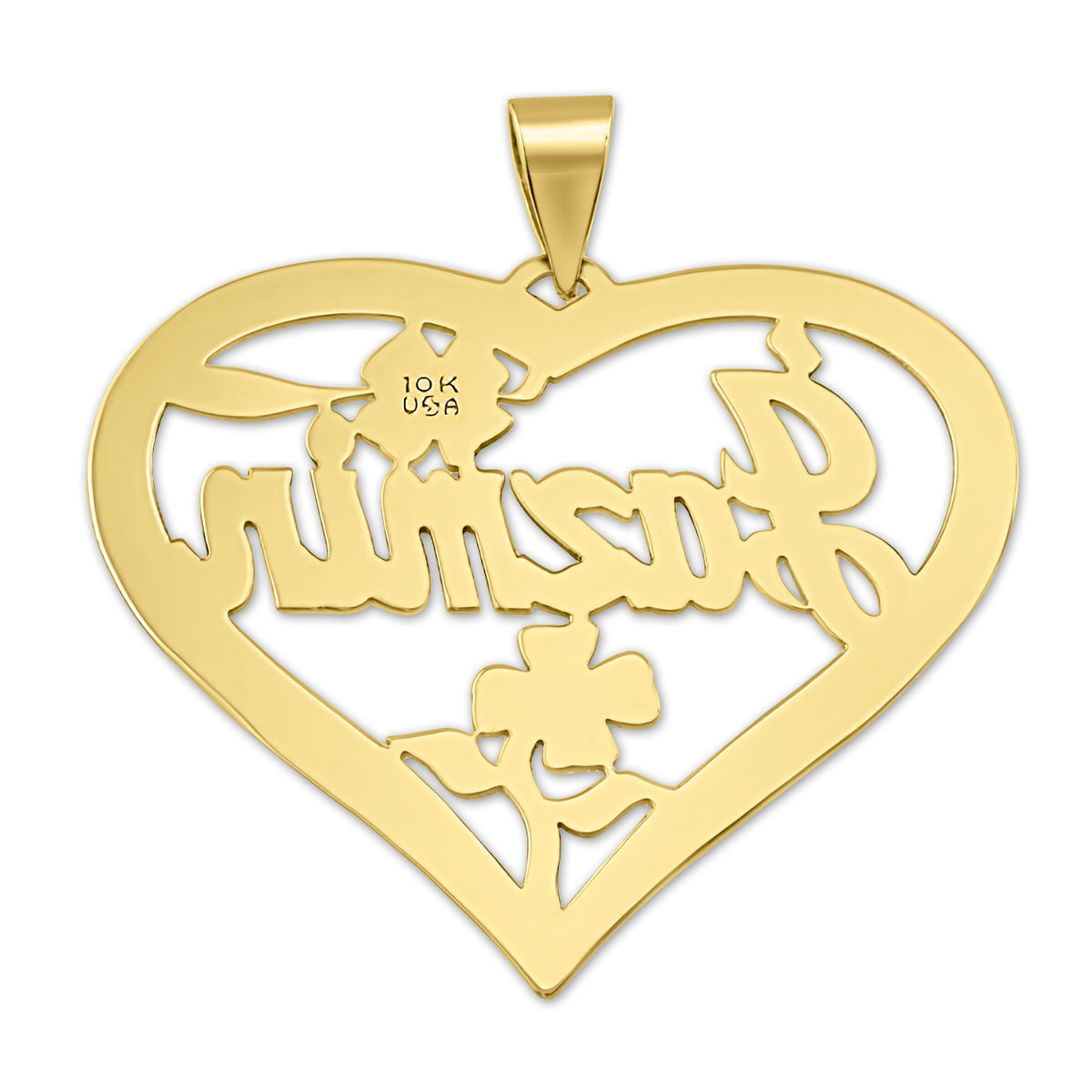 Back view of a Jazmin personalized gold heart pendant with floral cutouts, a polished bail and a visible 10K USA hallmark.
