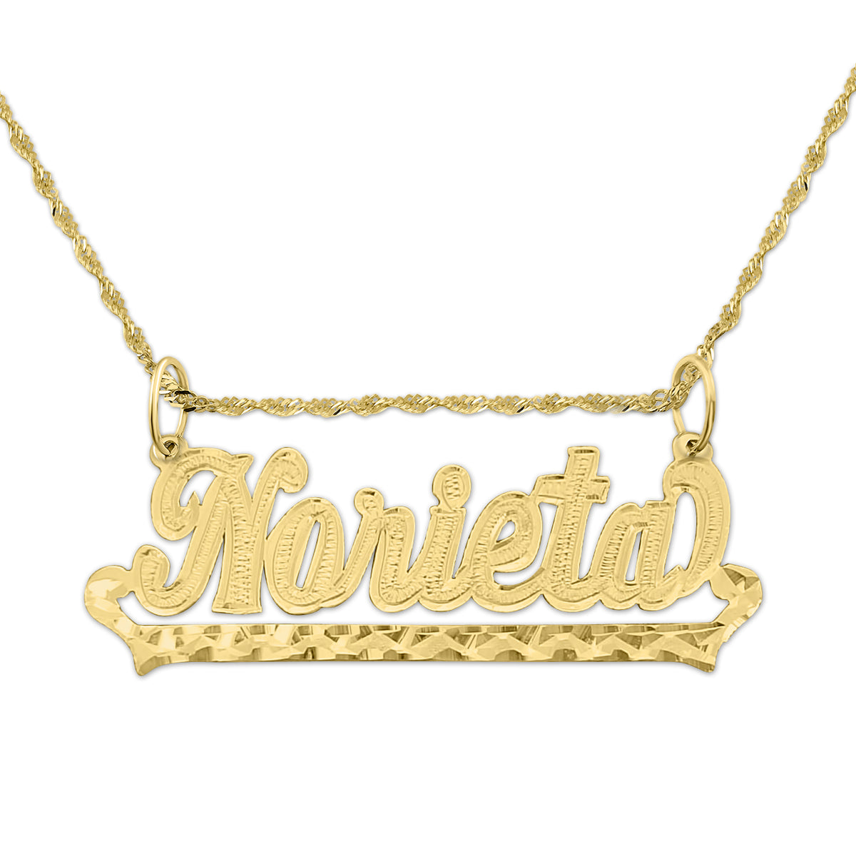 Close-up of a handcrafted 10k solid gold outlined cursive name pendant on a white background.