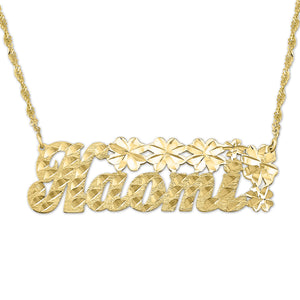 10K gold personalized name pendant with diamond-cut flower detail attached to a sturdy split chain on a flat display.