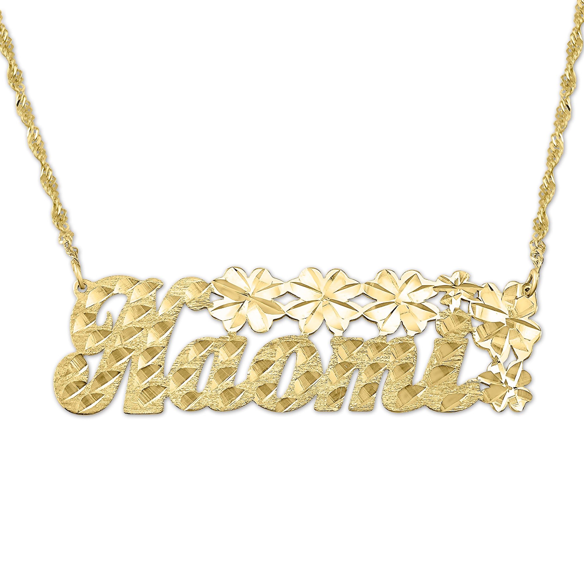 10K gold personalized name pendant with diamond-cut flower detail attached to a sturdy split chain on a flat display.