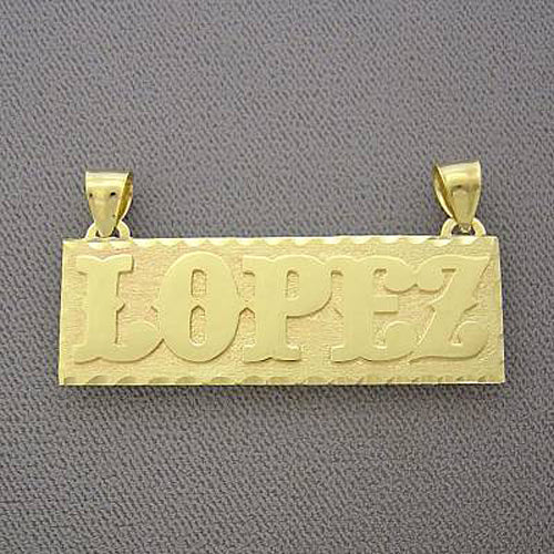 Custom 10k yellow gold rectangular nameplate pendant with diamond-cut border spelling LOPEZ.