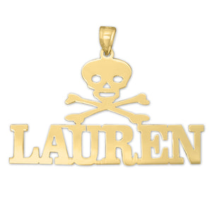 Personalized 10k solid gold nameplate necklace featuring custom block lettering above a detailed skull and crossbones motif.