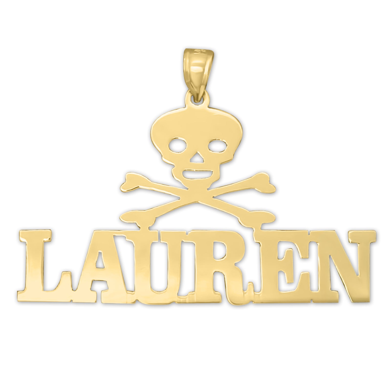 Personalized 10k solid gold nameplate necklace featuring custom block lettering above a detailed skull and crossbones motif.