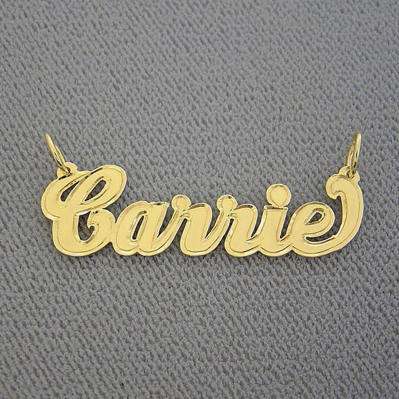 Custom 10k solid gold outlined cursive name pendant charm spelling Carrie (1.75 inch)