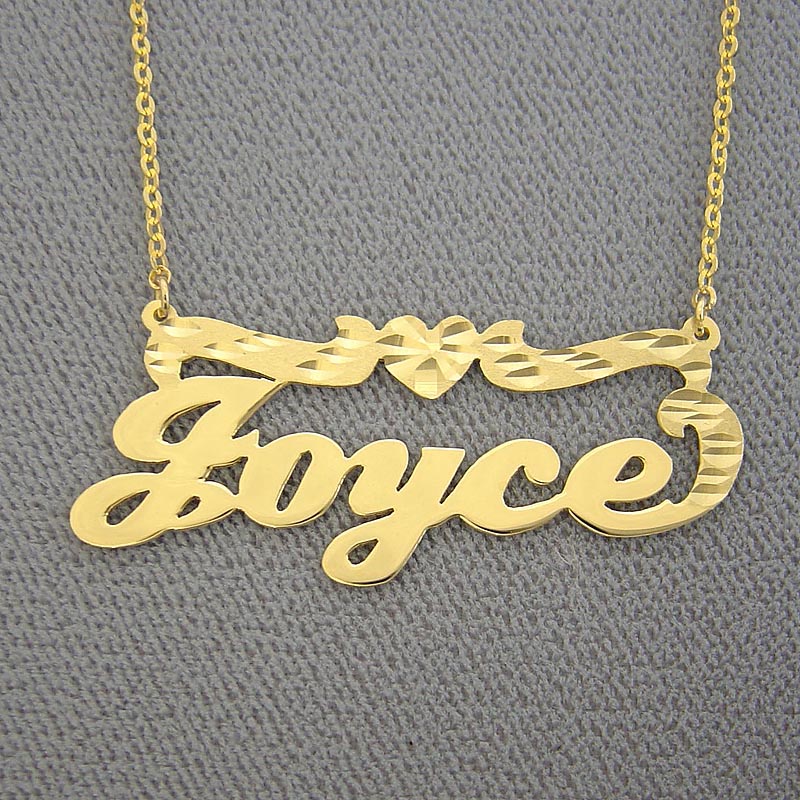 Custom 10k solid yellow gold script nameplate necklace spelling Joyce with top accent line and center heart detail.