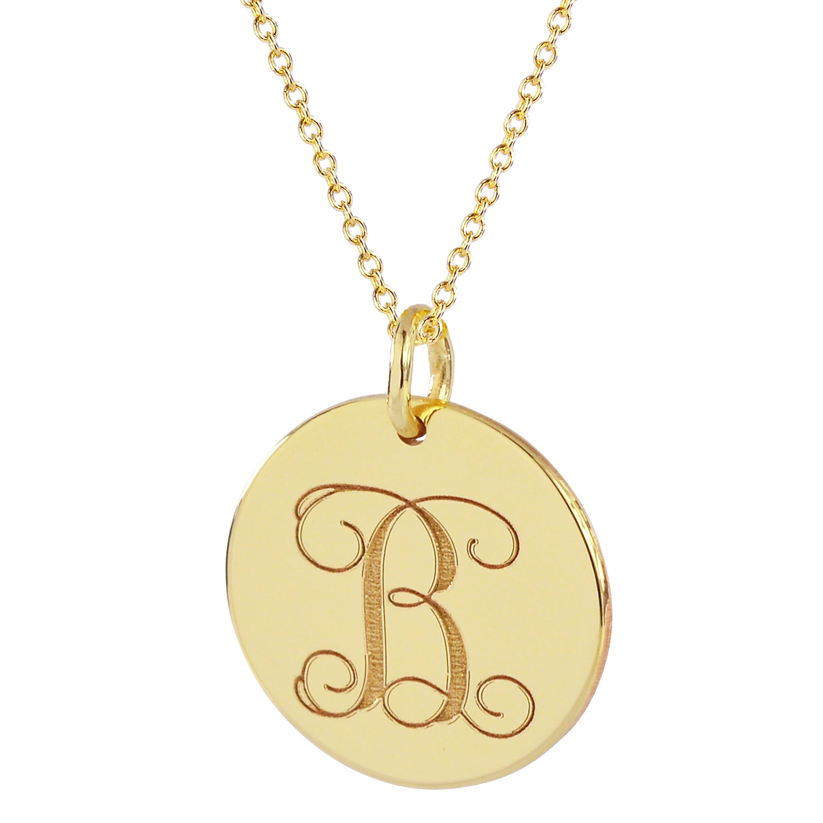 Solid yellow gold engraved monogram initial disc charm pendant shown on a gold Rolo chain