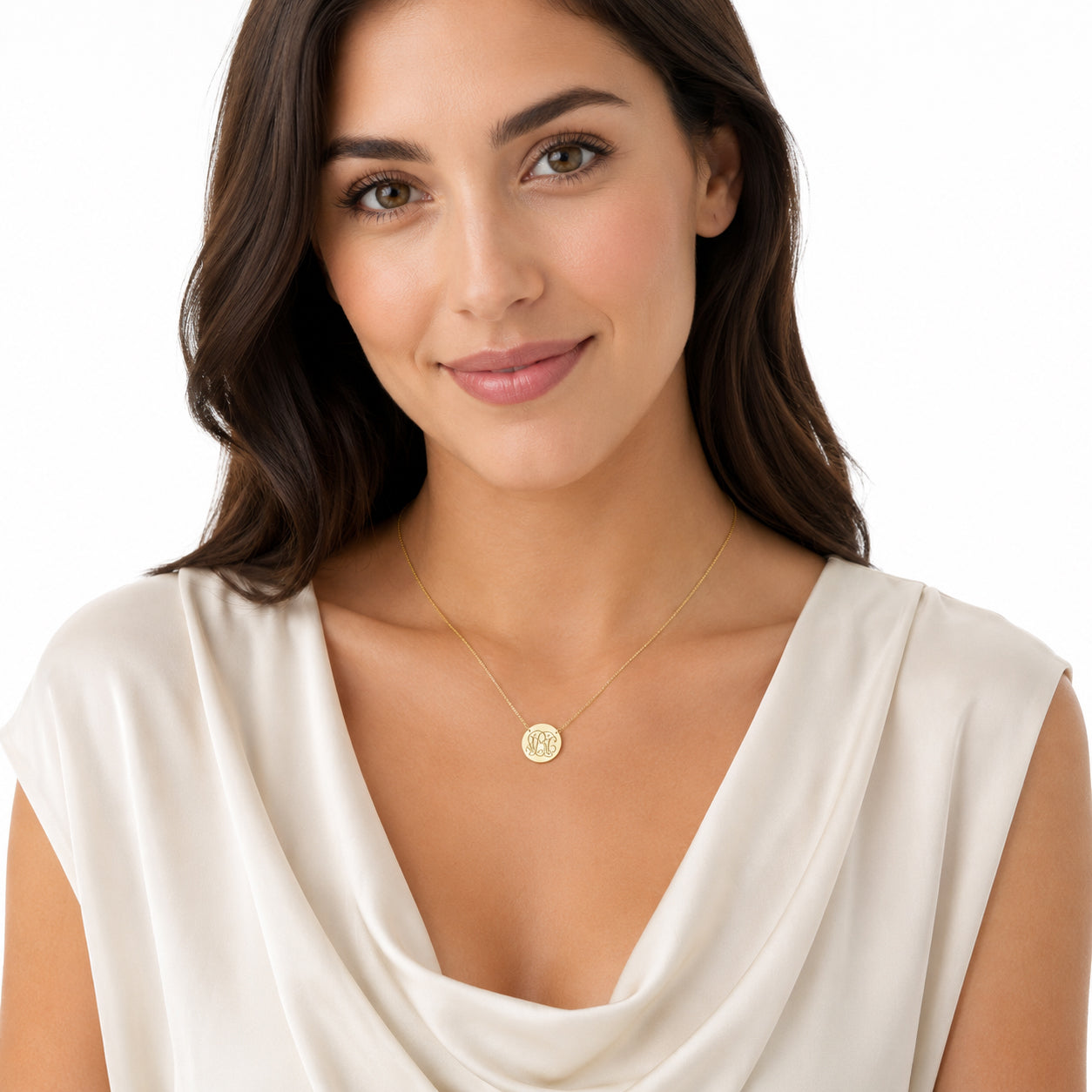 Model wearing a 1/2 inch 14k solid yellow gold 3-initial monogram disc necklace.
