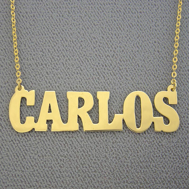 14k solid gold block font nameplate necklace customized with CARLOS on a split chain
