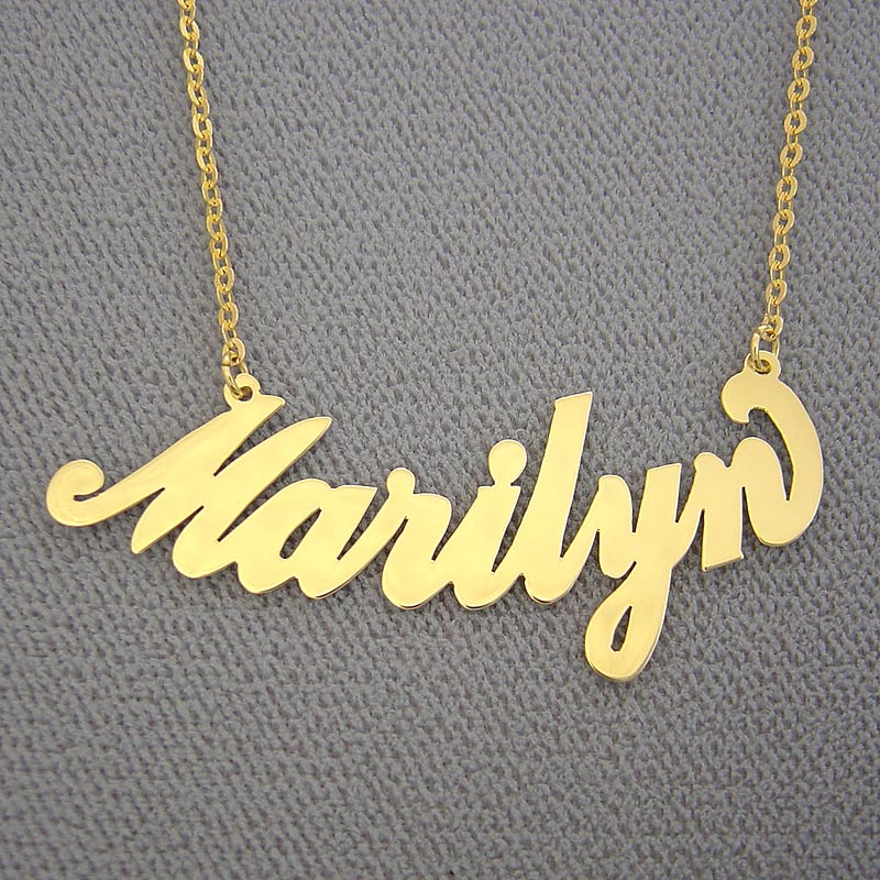 Solid 14k yellow gold personalized name necklace spelling "Marilyn" in a curved cursive script font on a fine gold chain.