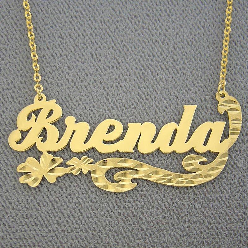 Custom 14k yellow gold personalized Brenda name necklace with intricate diamond-cut flowers and a sturdy split chain.