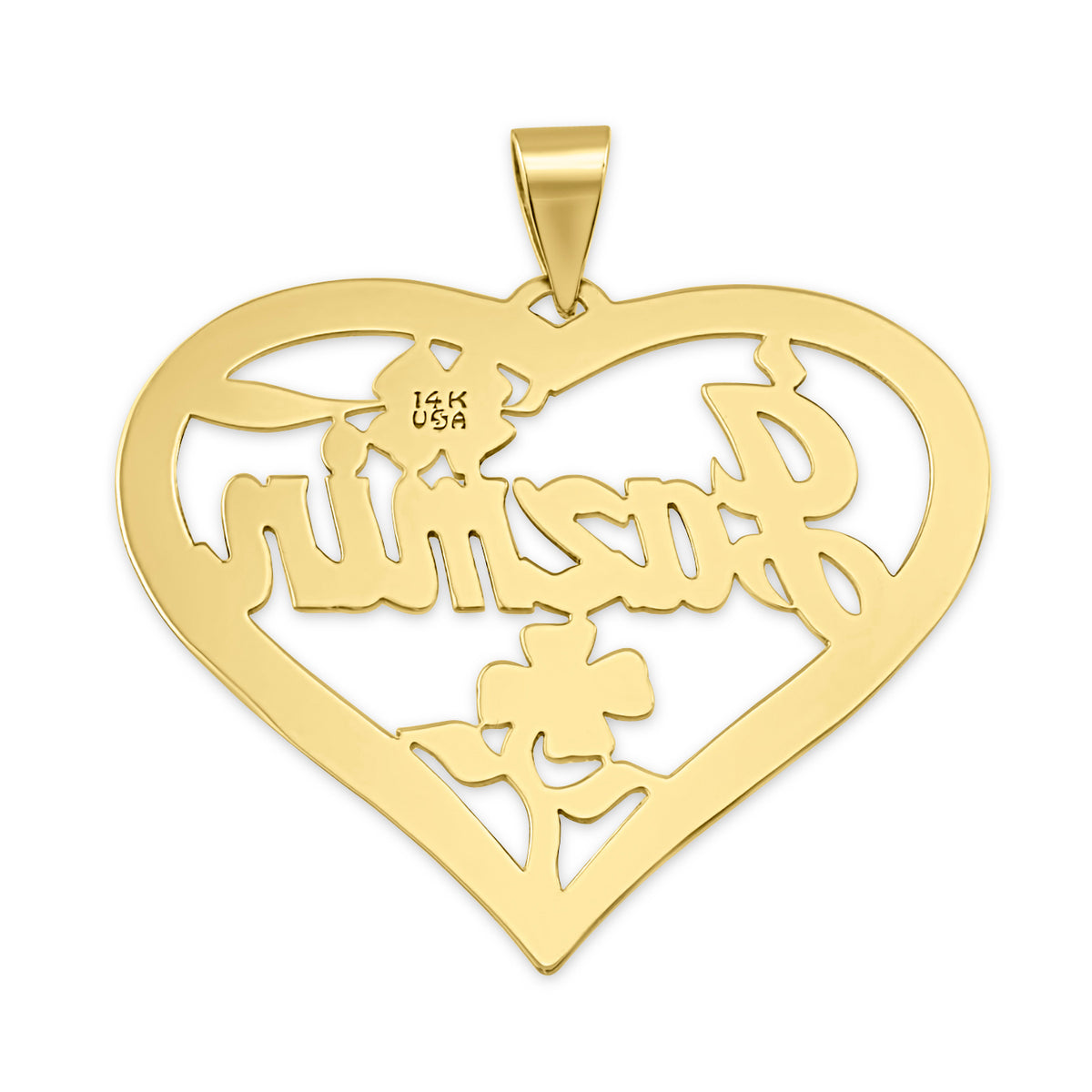 Back of a Jazmin personalized gold heart pendant showing the polished surface, floral cutouts and 14K USA hallmark.