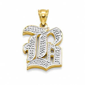 double plate 3D Old English letter B gold pendant showing hand-engraved diamond-cut details.