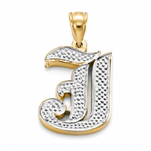 Front view of 10K 14K solid gold Old English letter J 3D double plate initial pendant.