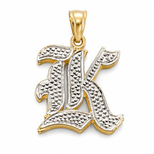 14K solid gold Old English letter K double plate 3D initial pendant with diamond-cut pattern and rhodium accents.