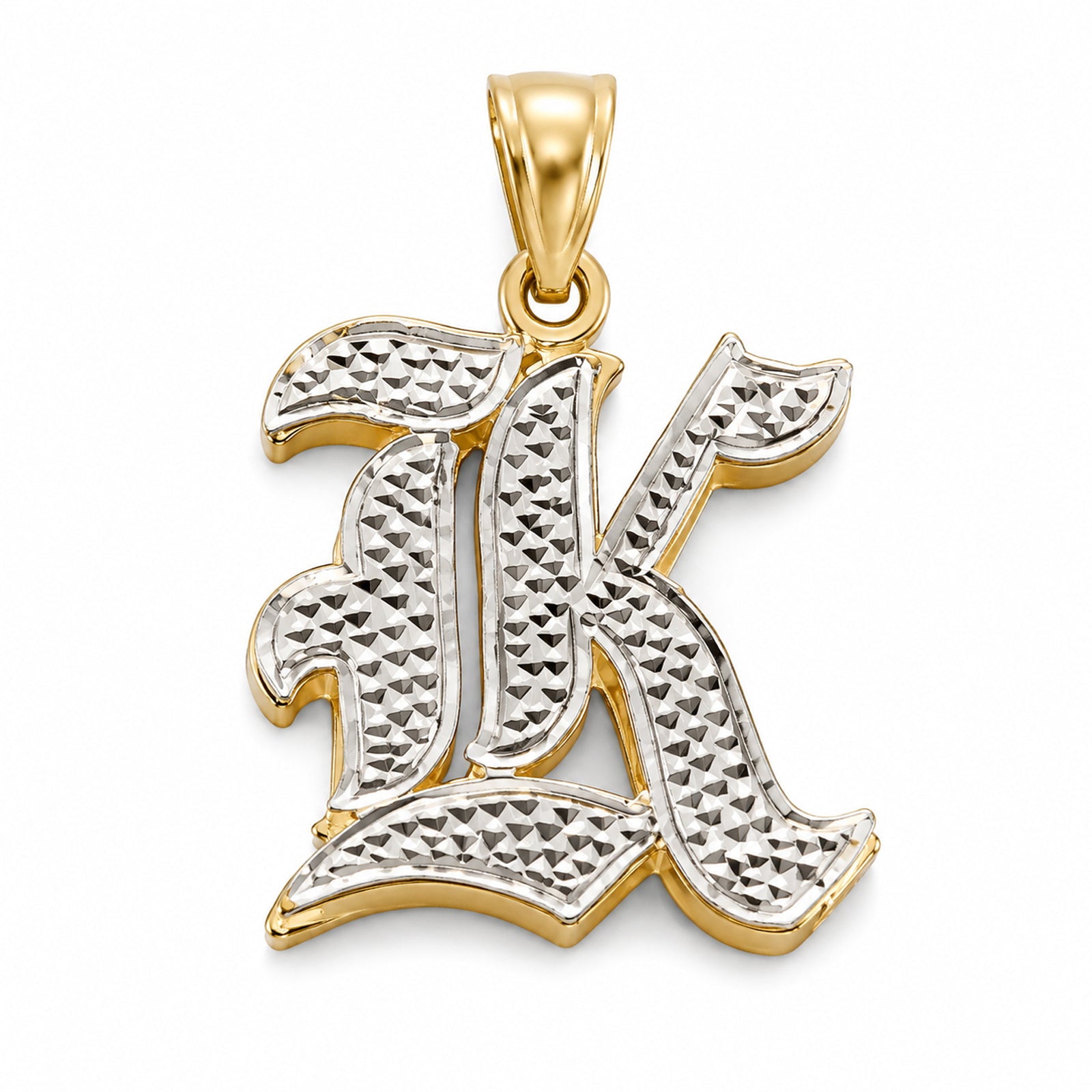 14K solid gold Old English letter K double plate 3D initial pendant with diamond-cut pattern and rhodium accents.