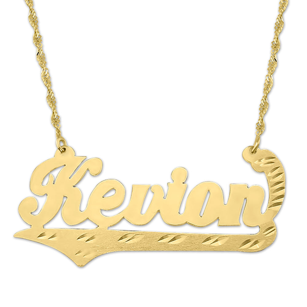 14k yellow gold custom script nameplate necklace spelling out "Kevin" with diamond-cut tail accents.