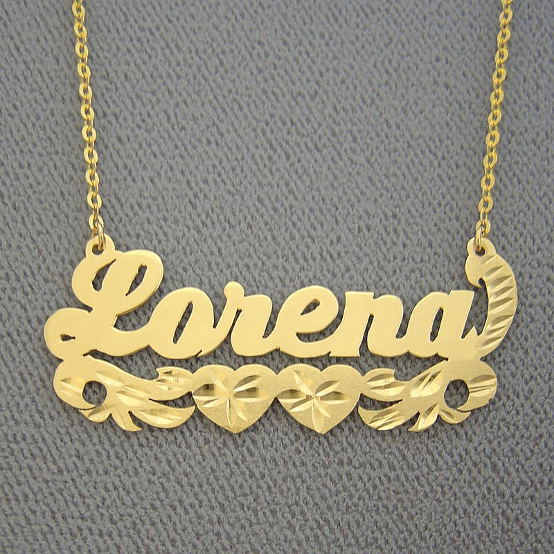 Custom 14k solid gold personalized name necklace spelling Lorena with diamond-cut heart accents and script font.