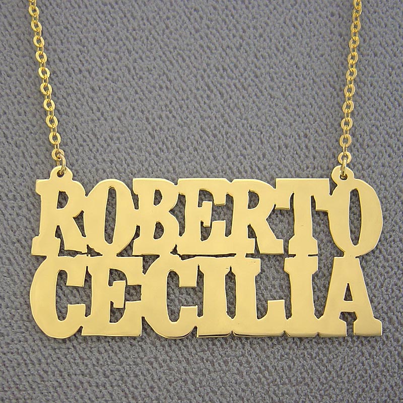 Custom 14k solid gold two name nameplate necklace featuring the names Roberto and Cecilia in bold block font.