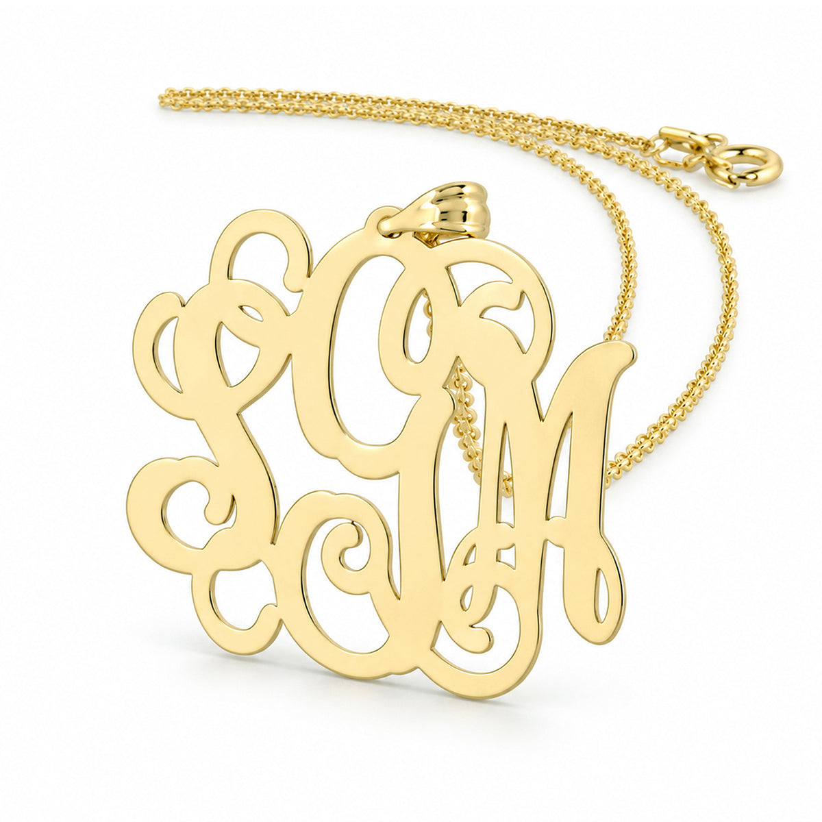 14k solid yellow gold 3-initial monogram pendant necklace on a matching gold chain.