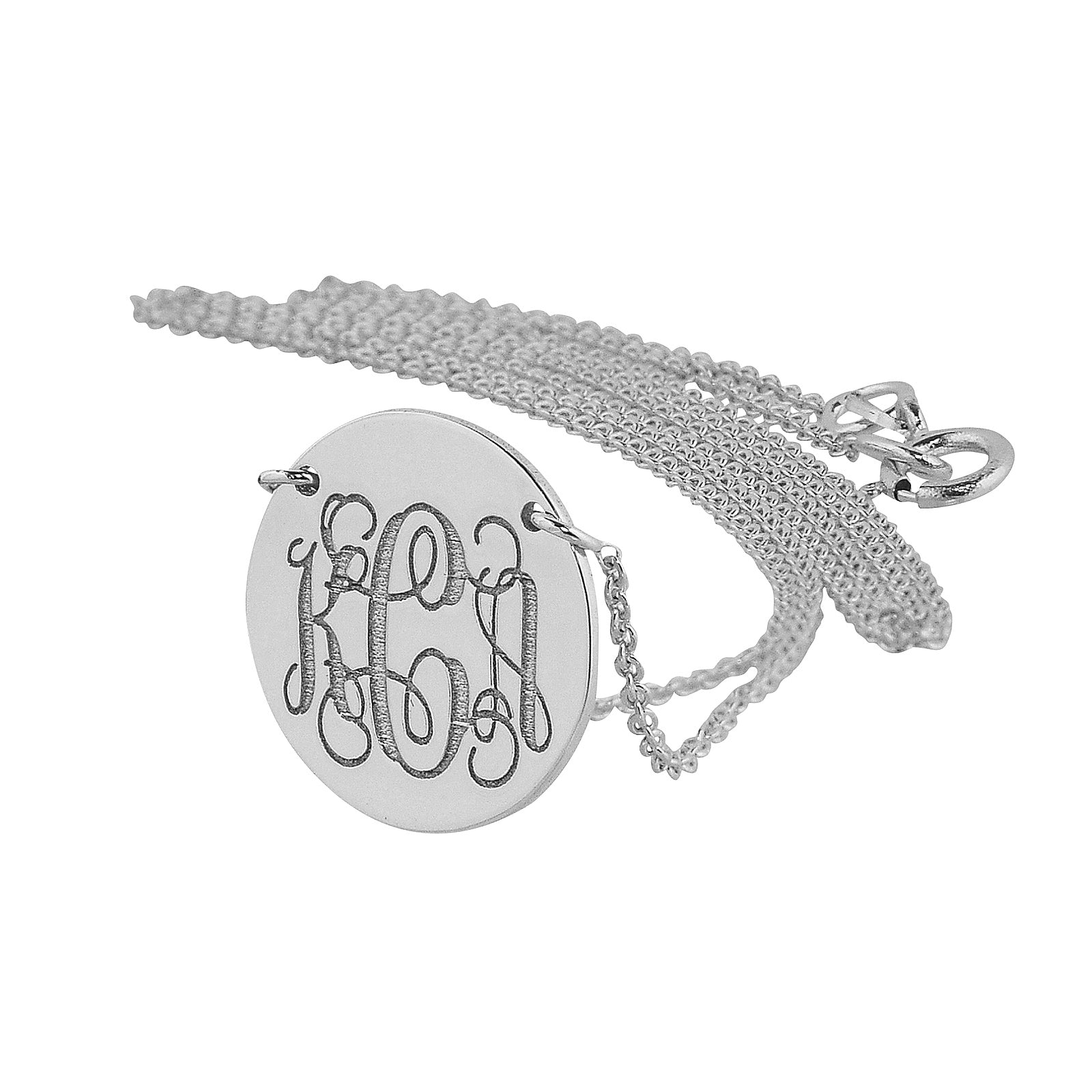 Custom 14k solid white gold 3-initial laser-engraved monogram disc necklace.