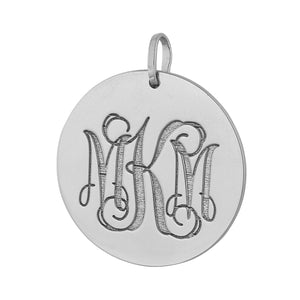 1-inch solid white gold laser-engraved 3-initial custom monogram disc charm