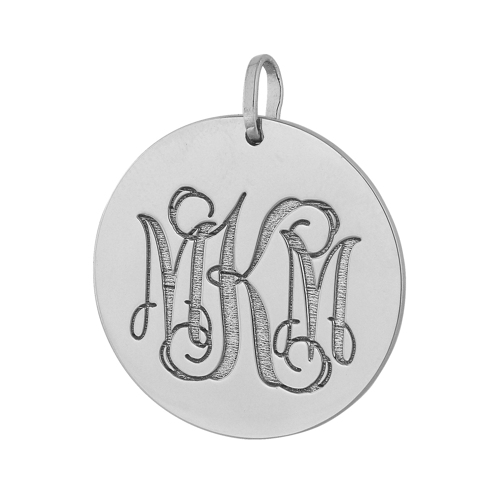 1-inch solid white gold laser-engraved 3-initial custom monogram disc charm