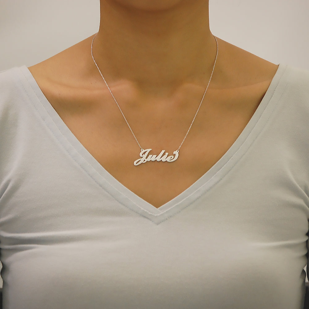 14k solid white gold personalized script name necklace pendant on model