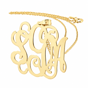 14k yellow gold 3-initial monogram pendant necklace close-up with chain