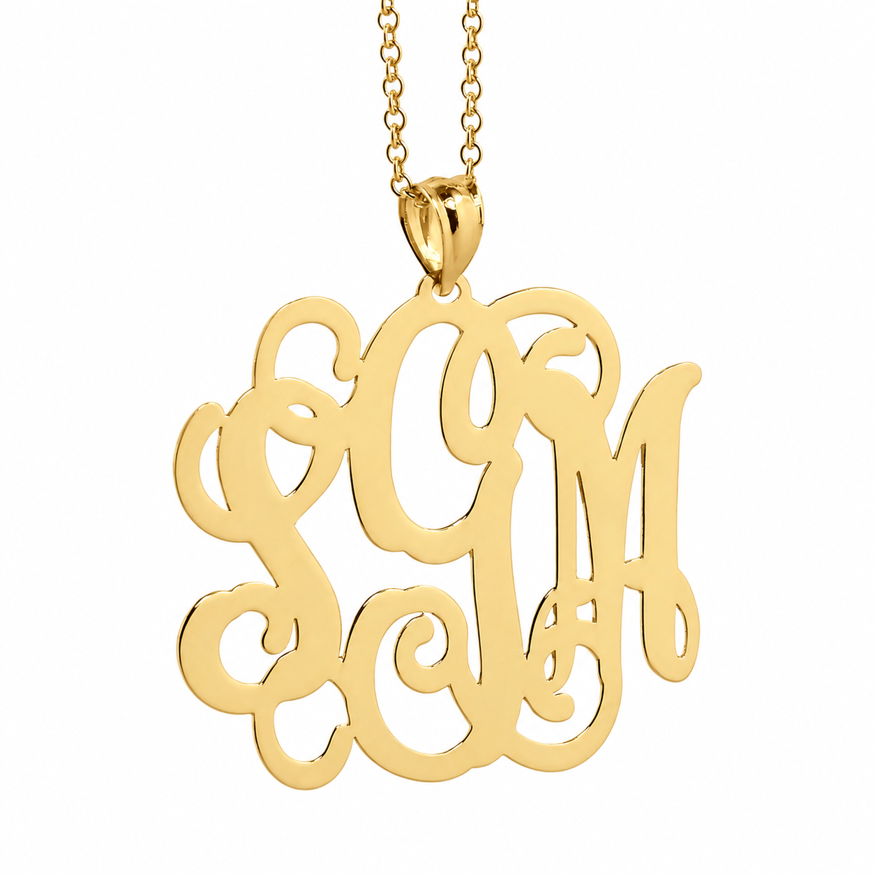 14k yellow gold 3-initial monogram pendant necklace front view