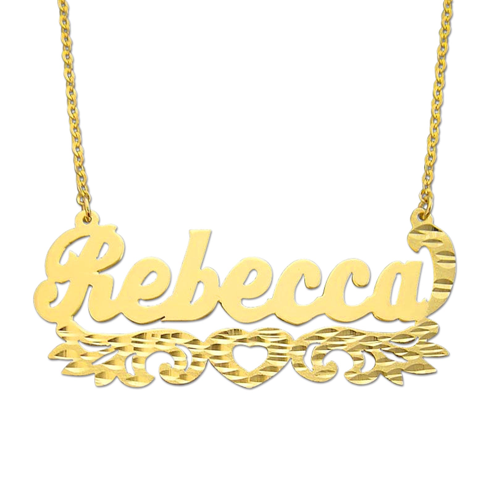 14k solid yellow gold personalized name necklace spelling "Rebecca" in a diamond-cut script font with a heart underline flourish.