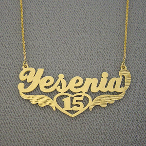 Custom 14K solid yellow gold Quinceañera Sweet 15 name necklace spelling "Yesenia" with angel wings and heart detail.