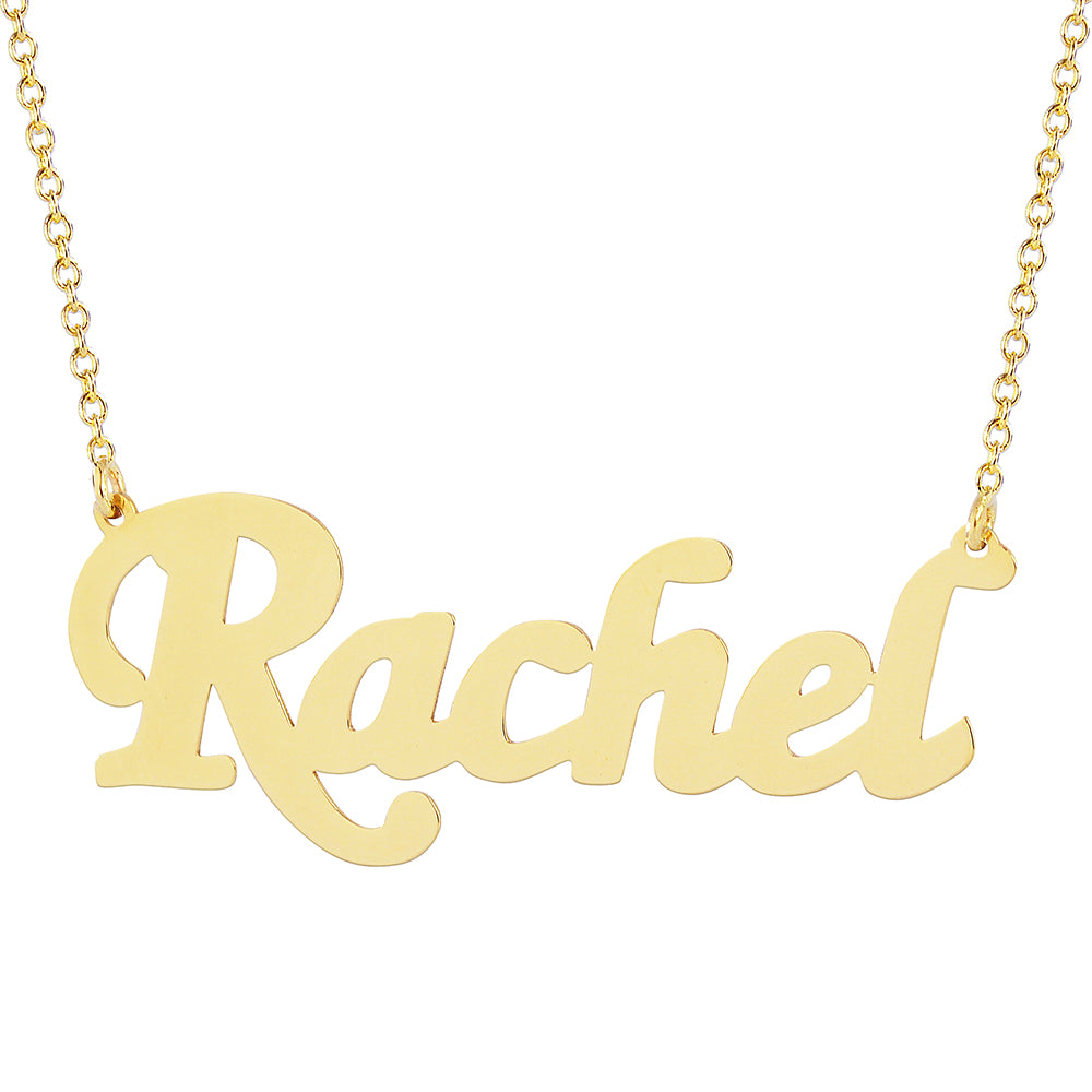 Custom 14k solid yellow gold script name necklace spelling Rachel