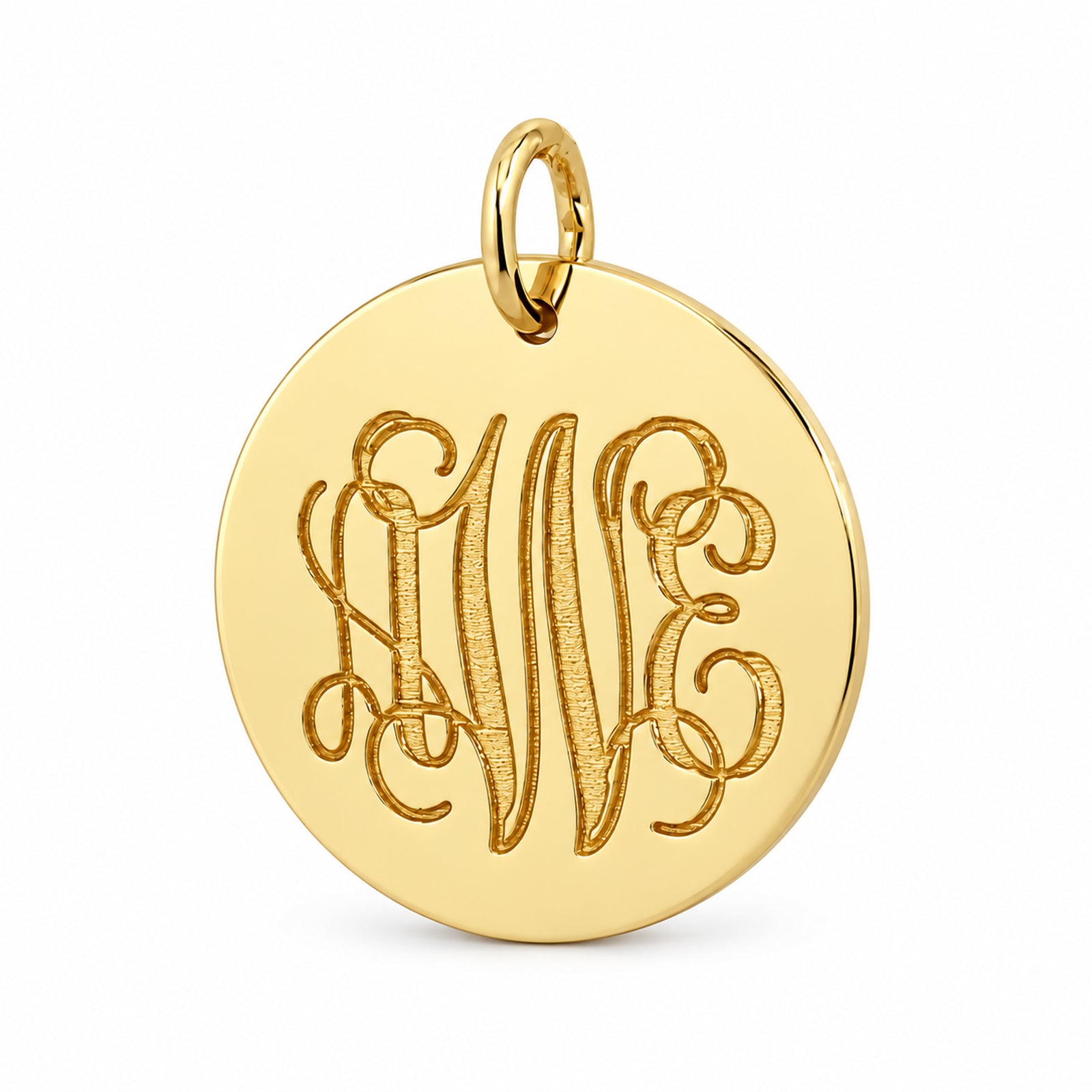 19 mm yellow gold disc pendant with an engraved three-initial script monogram and polished bail
