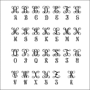 3-initial monogram letter order guide chart showing first, last, and middle initial layout