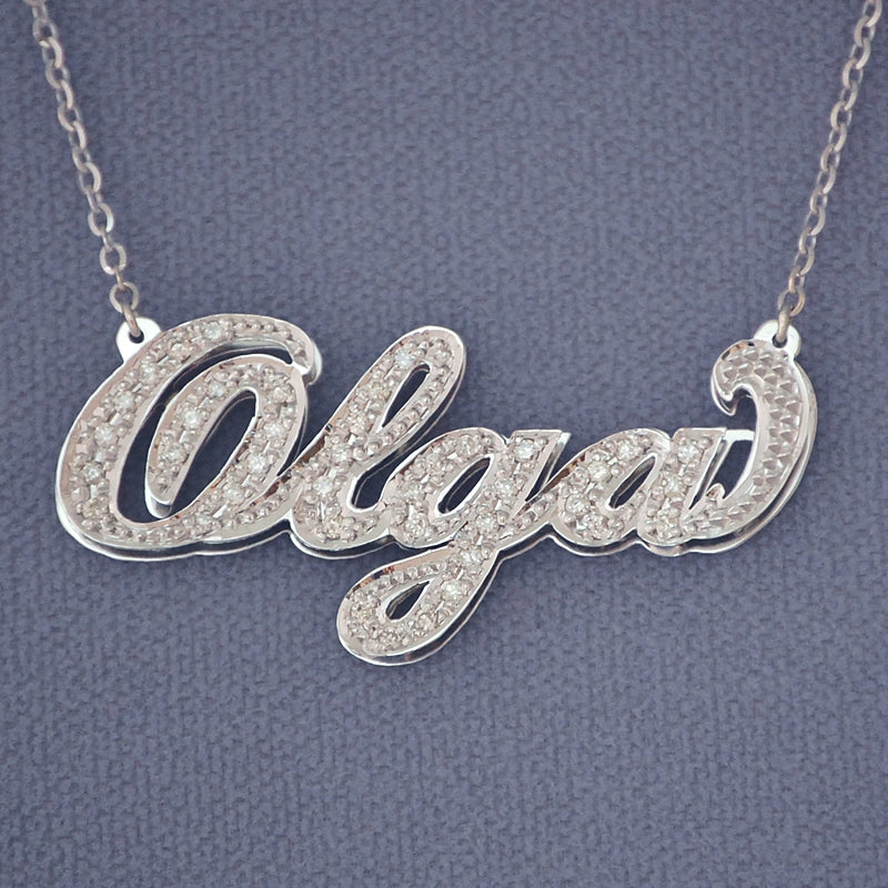 10k or 14k Gold Personalized Genuine Diamonds Double Plates Bold Cursive Name Necklace.